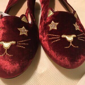 CHARLOTTE OLYMPIA Red Velvet "Cat" Loafers